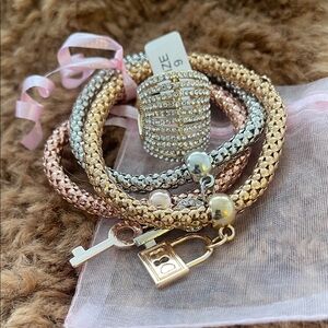 Gold and Silver Bracelet Set with Key Charms and Rhinestone Ring
